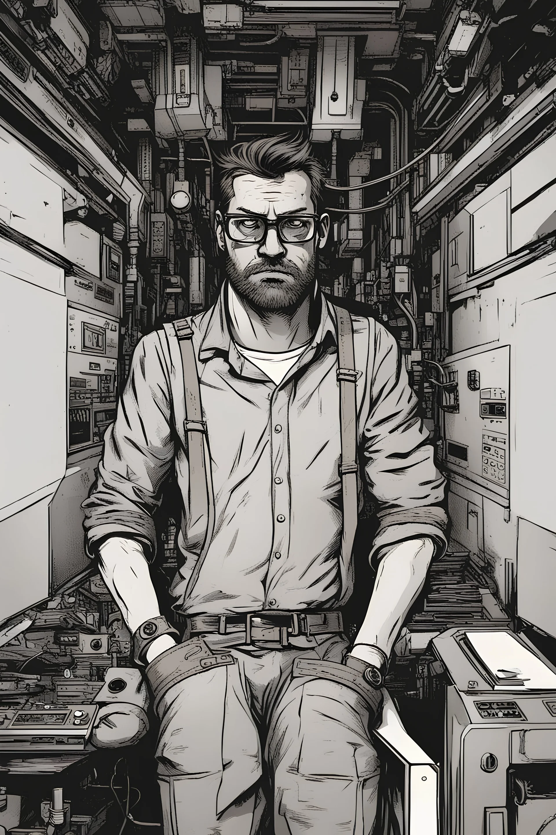 man, geek, cyberpunk, comic book art style, engineer, sad, serious,