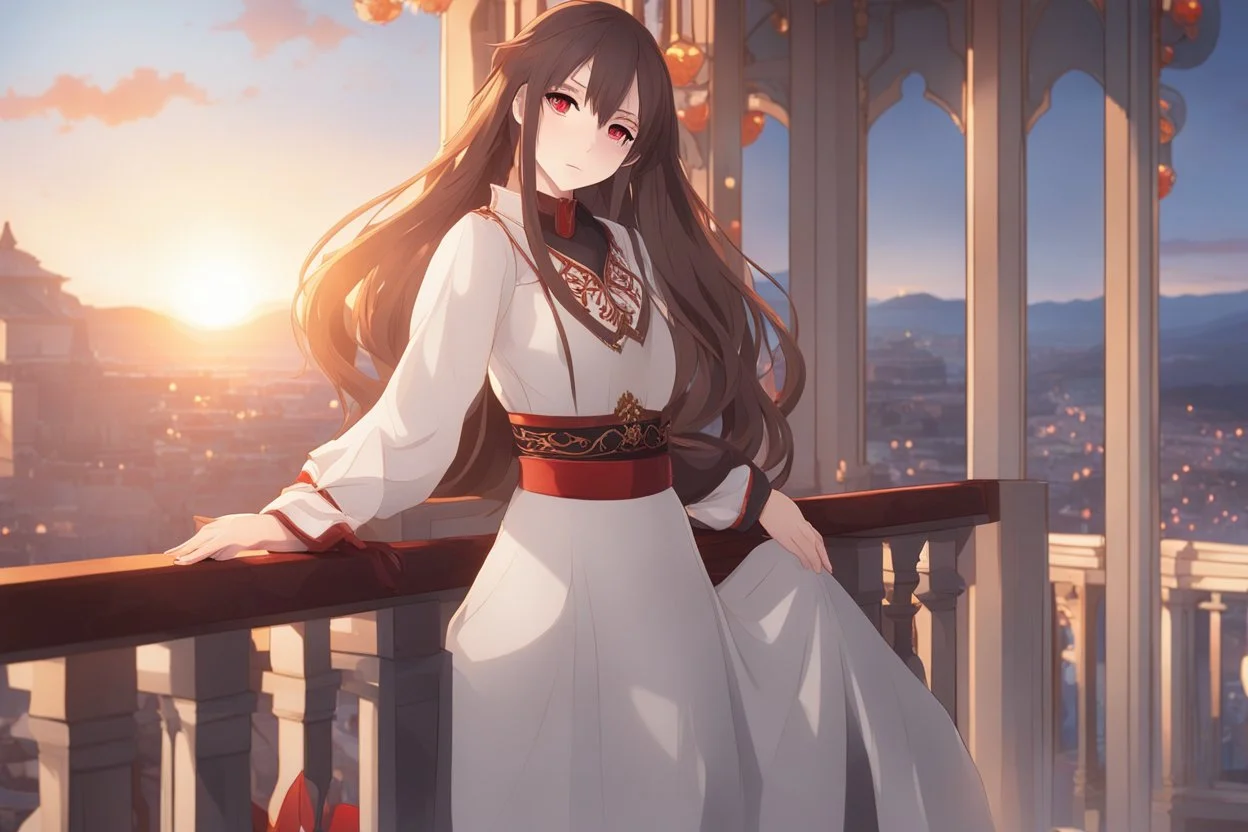 woman with long brown hair, red eyes, pale skin, highly detailed, intricate background, intricate face, standing on a balcony during sunset, contemplative, anime style, Genshin Impact inspired, dynamic composition, pyro vision bearer