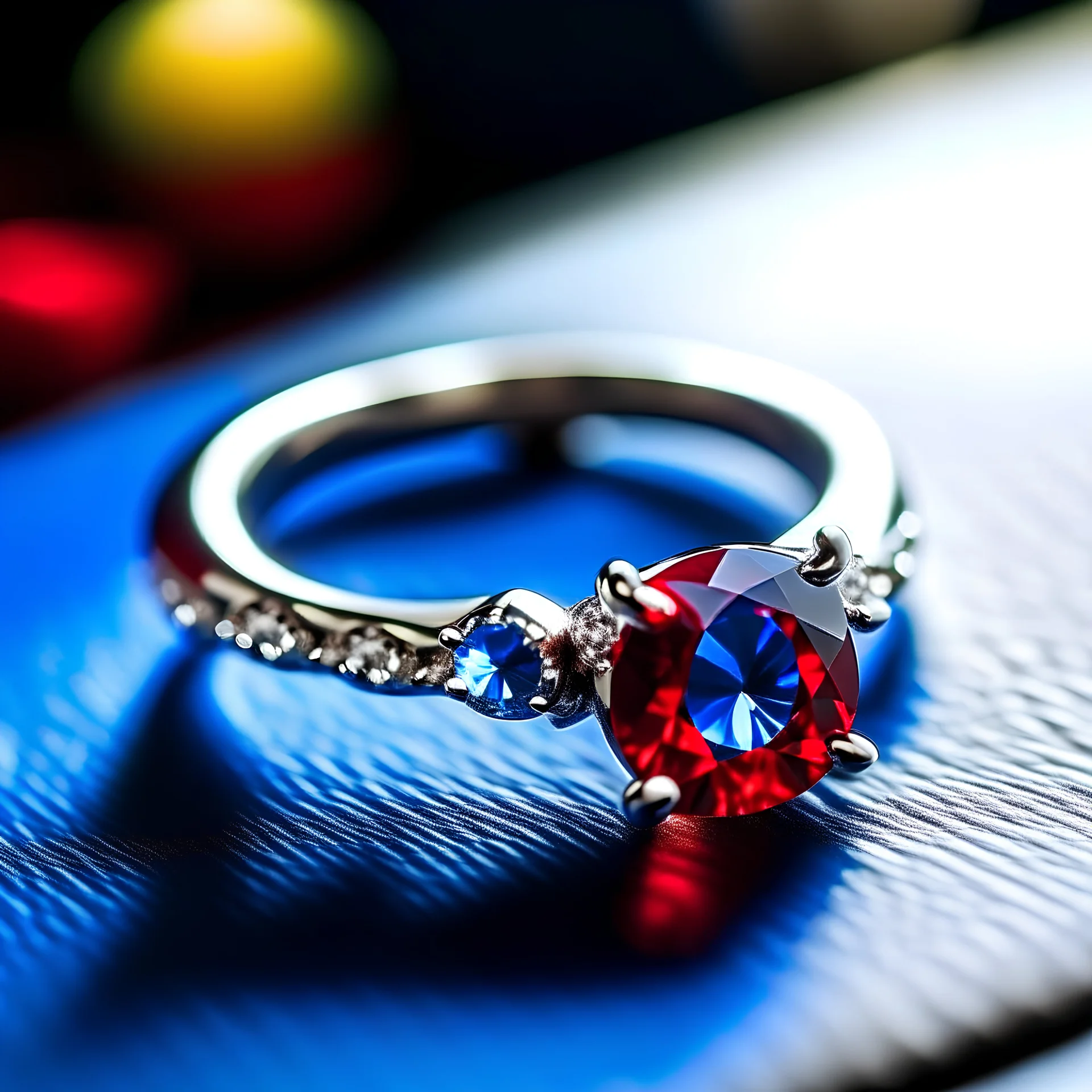 solitaire engagement ring with blue center stone and red stones of the sides