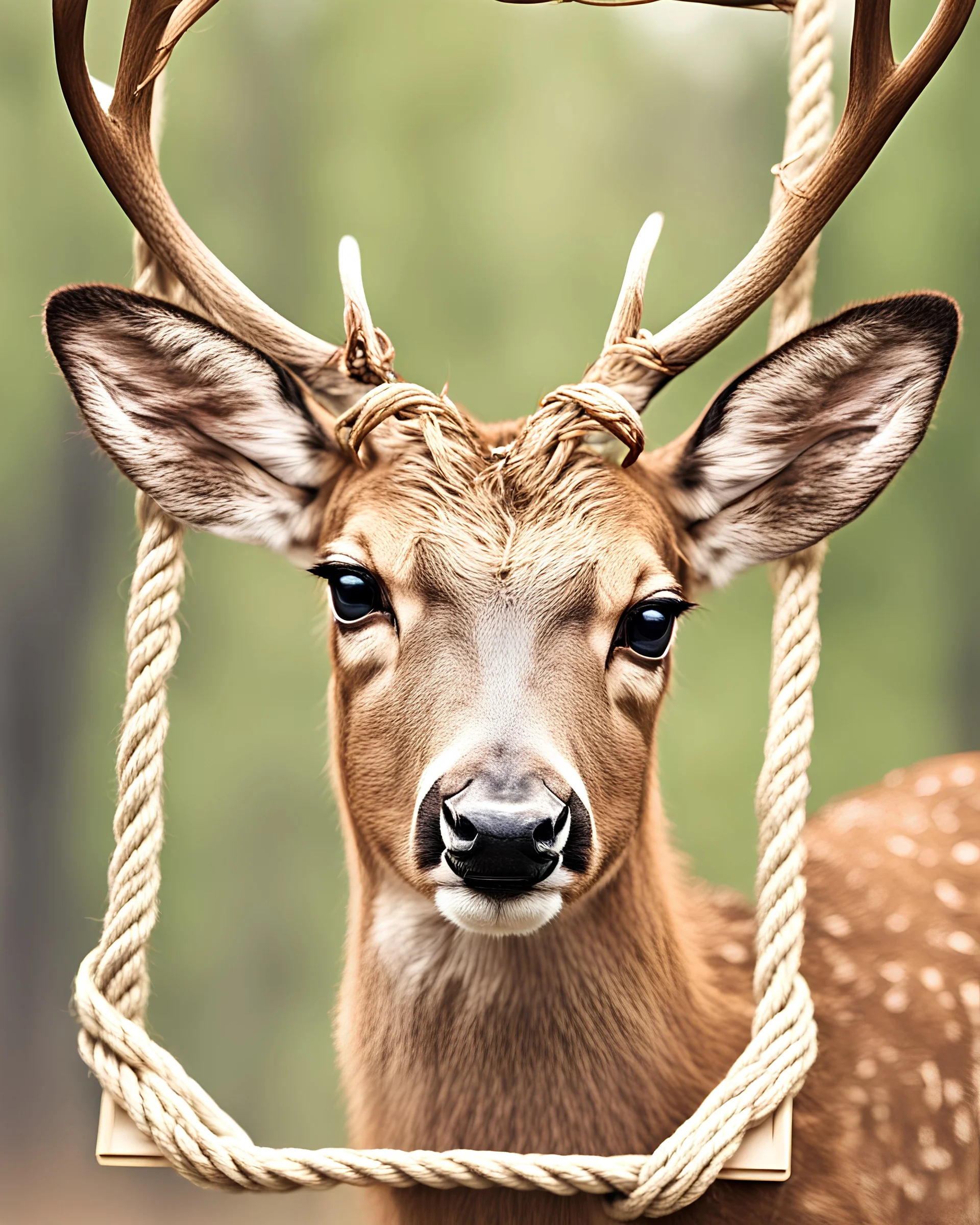 realistic deer holding framed photo in its mouth, rope tied frame