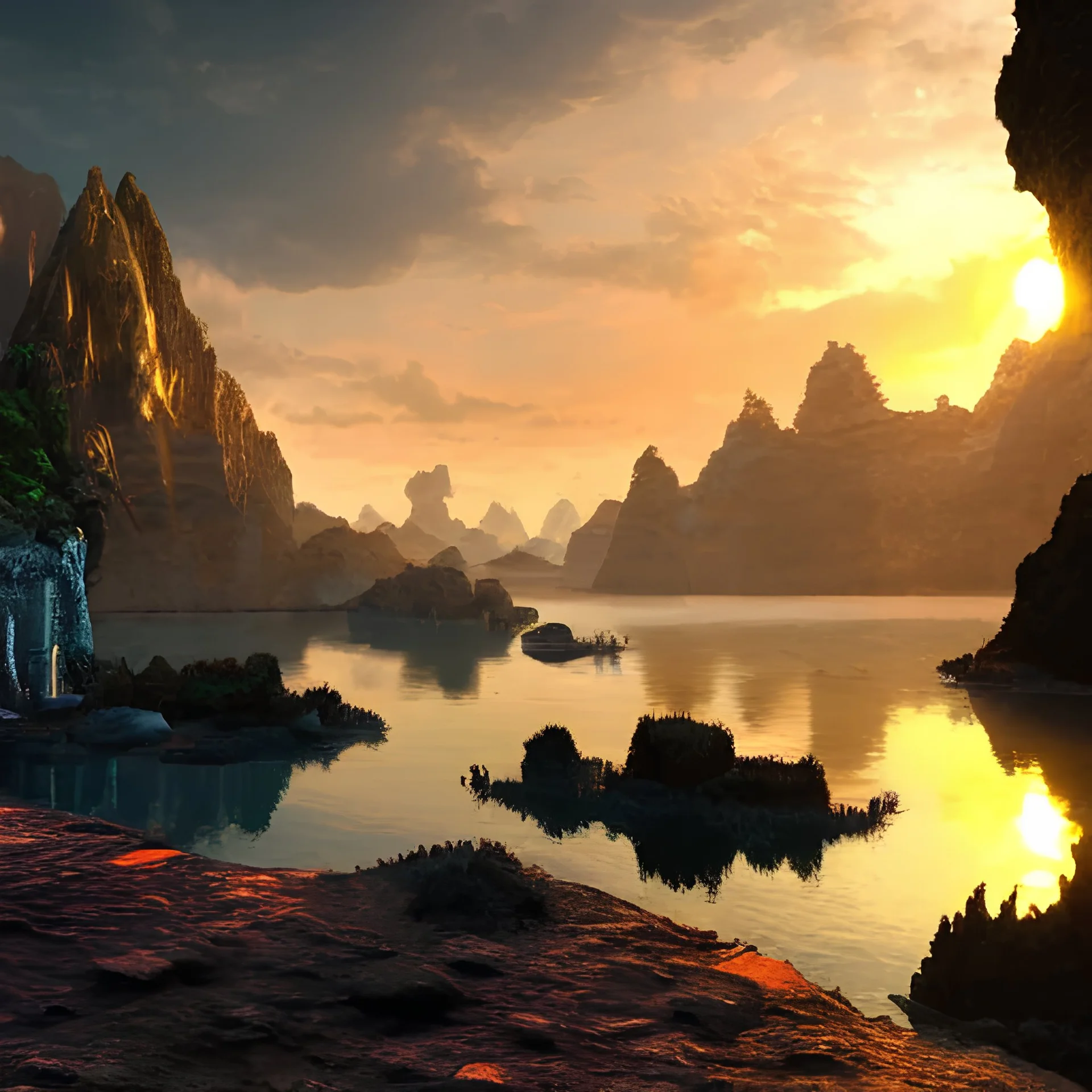 caves, water, sunset detailed matte painting, deep color, fantastical, intricate detail, splash screen, complementary colors, fantasy concept art, 8k resolution trending on Artstation Unreal Engine 5, no-signature, no-watermark