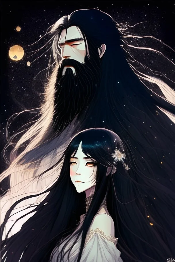 Celestial anime woman, long black hair, with bearded man