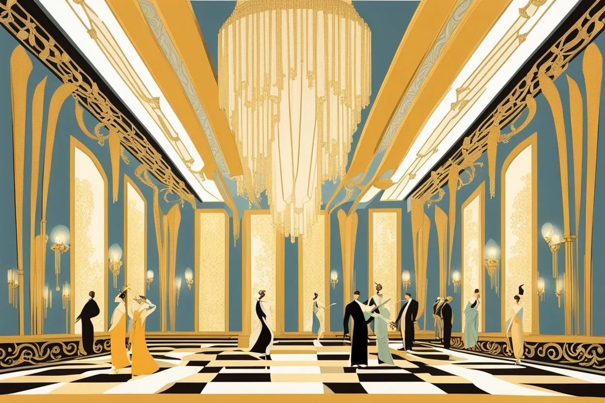 Inside an Art Deco Opera foyer, with mirrors and brass sconces, incandescent, gleaming, people in extravagant costumes by artist "Erte"