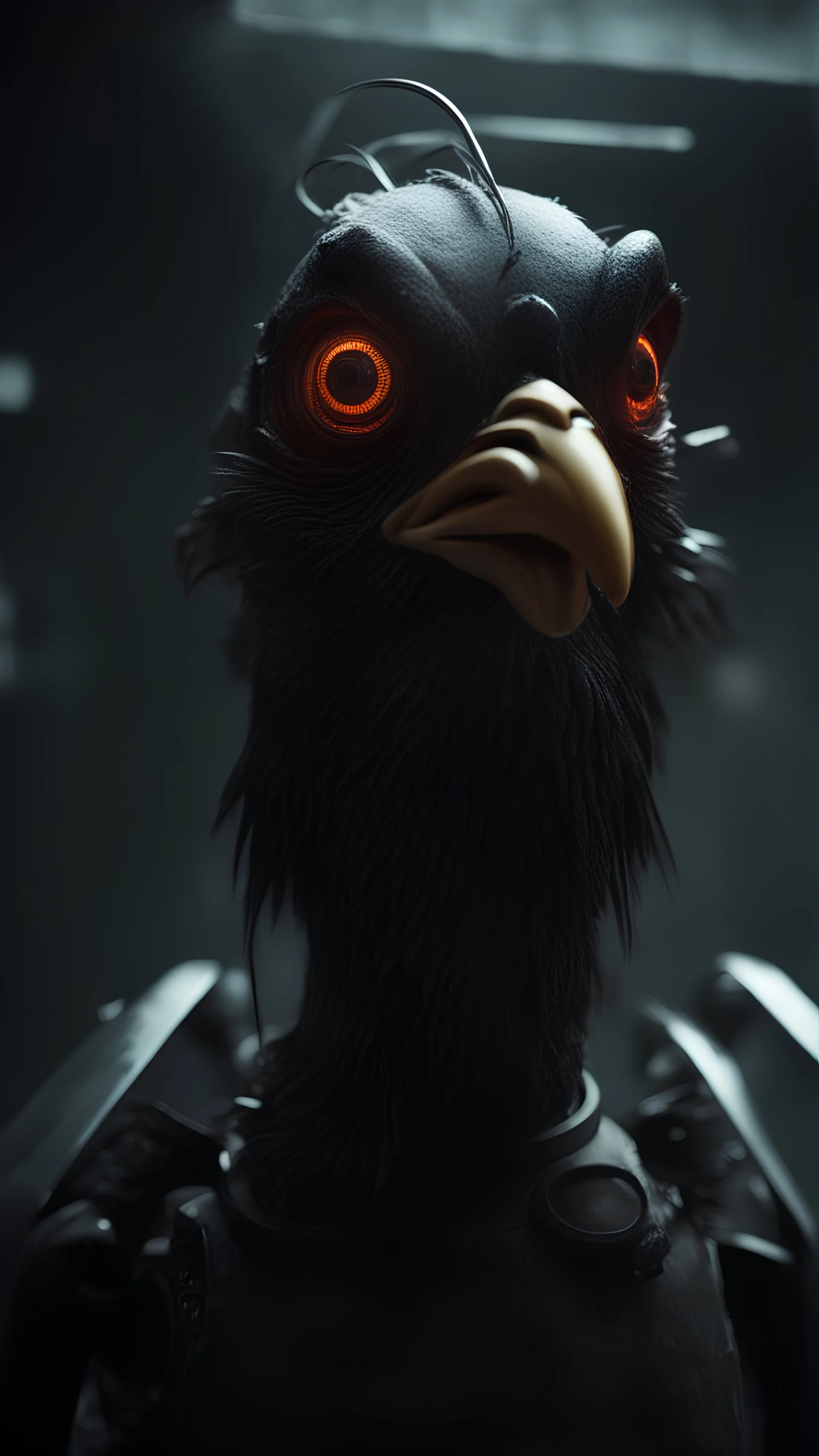 chicken monster robot with eerie lighting and a haunting atmosphere , photo / ultra realistic cinematic