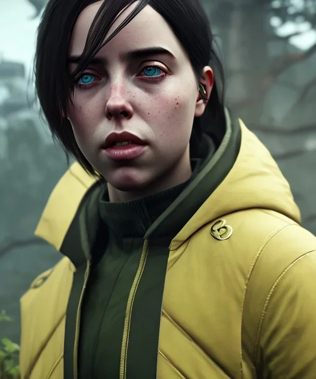 Billie Eilish, Dishonored 2, realistic, 4k, not to be distinguished from a photo, identical pupils, photorealistic illustration, 8k