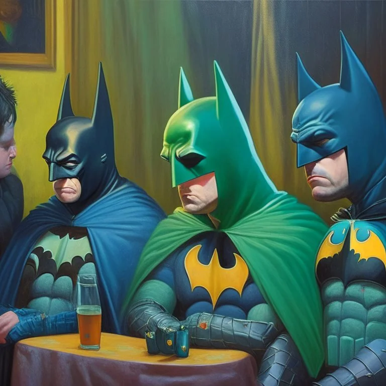 An oil painting of a dark universe masonic sad drunk batman cosplay convention, green batman, orange batman, cyan batman, white batman. Depression.