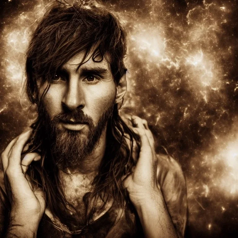 portrait photography of perfect face lionel messi beautiful God, Fire theme art, Dark moody night atmosphere, 8K, close-up face, ignore NSFW,magic,city, steampunk, chief ,apocalypse, set , sorrow,cyborg,