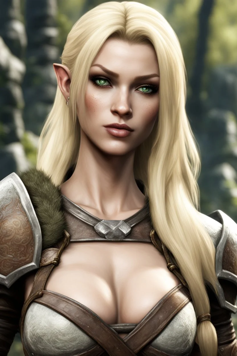 A female bosmer barbarian from Skyrim, blonde