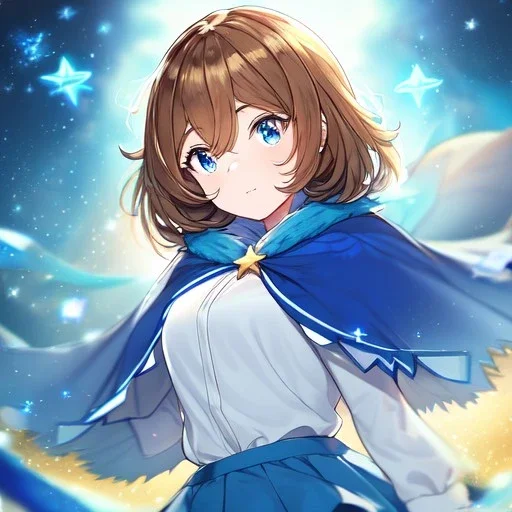 Clear focus, High resolution, A anime teen, cute, rough line skecth, star around kid, sparkling eyes, medium fluffy brown hair, blue sparkling eyes, 1girl (solo), wearing a blue snow cloak and a white shirt, yellow stars on skirt, blue skirt, star in hair yellow