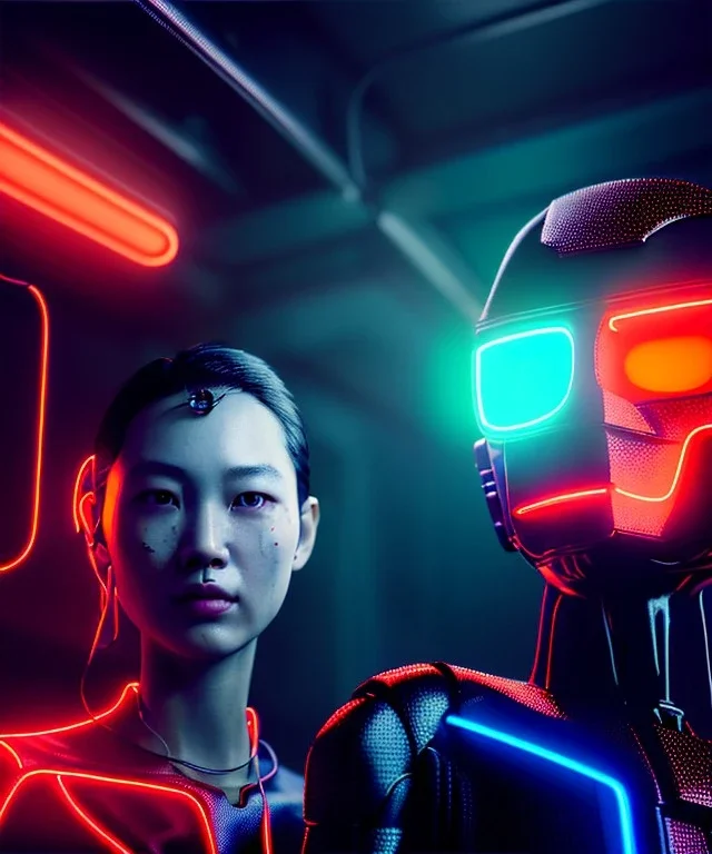 Ultra realistic photographic night portrait, cinematic, <Asian woman> many wires coming out of the head <garage> <droid friend>, hot, retro futuristic dress <Helmut newton photo style>, neon lights, color fog, soft color, highly detailed, unreal engine 5, ray tracing, RTX, lumen lighting, ultra detail, volumetric lighting, high definition.