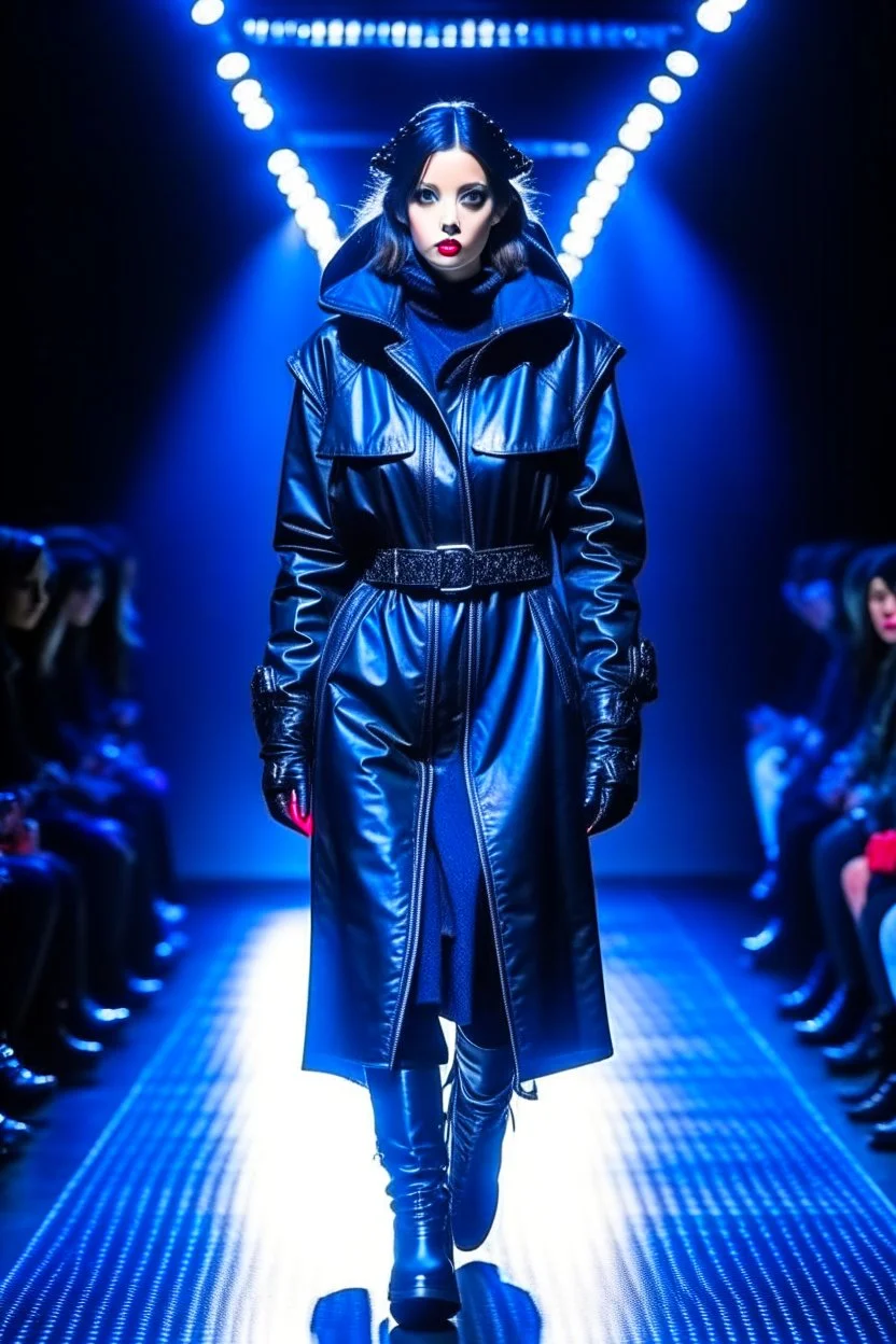 Kryptonian on a fashion runway invernal cyberpunk clothes style without cape