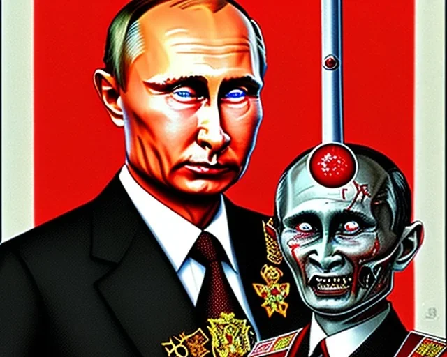 Russia president satan Vladimir Putin, evil fangs, blood and Moscow in fire atomic bomb cudgel