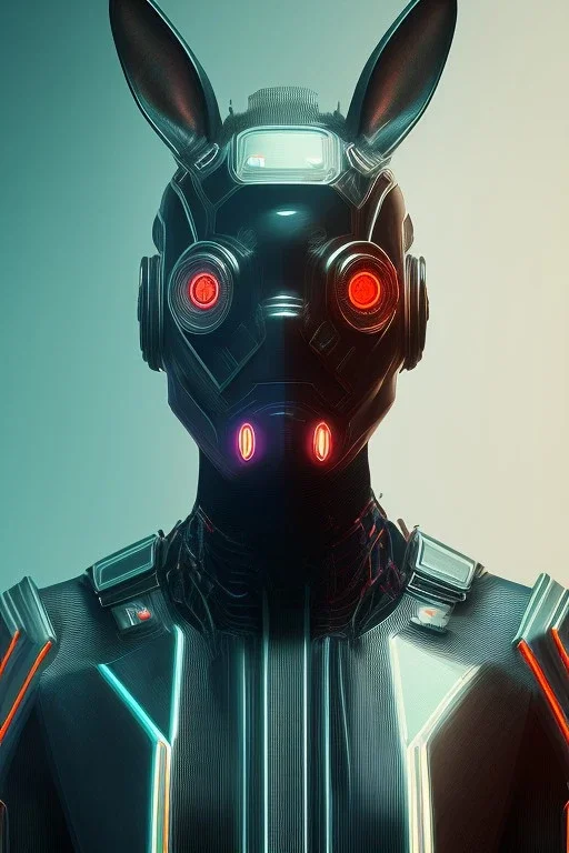 MCU Portrait, Front image, cyberpunk rabbit-woman, mask, black red color, latex suit, photo studio, highly detailed, concept art, smooth, unreal engine 5, god rays, ray tracing, RTX, lumen lighting, ultra detail, volumetric lighting, 3d, finely drawn, high definition, high resolution.