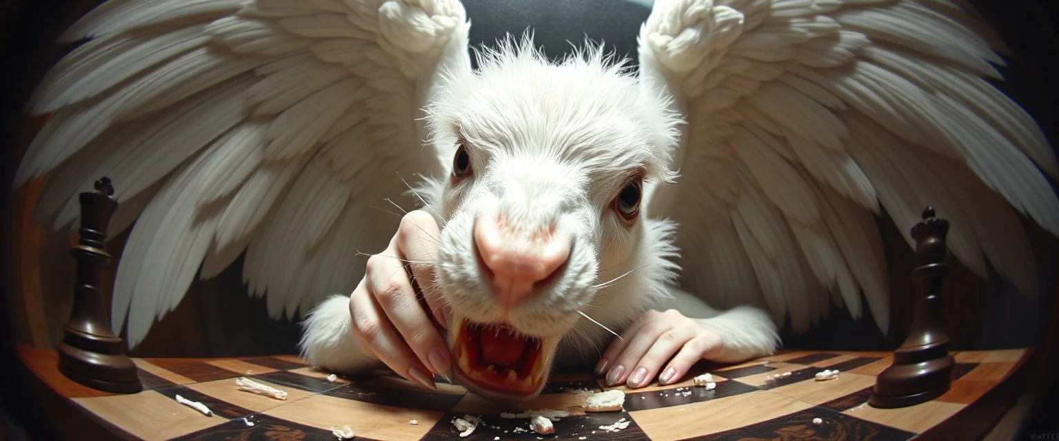 fish eye lense, pin hole cam, master oil painting by Rembrandt, realistic rendering one eyed chess blinding white angel harpy, wild gnawing on pieces