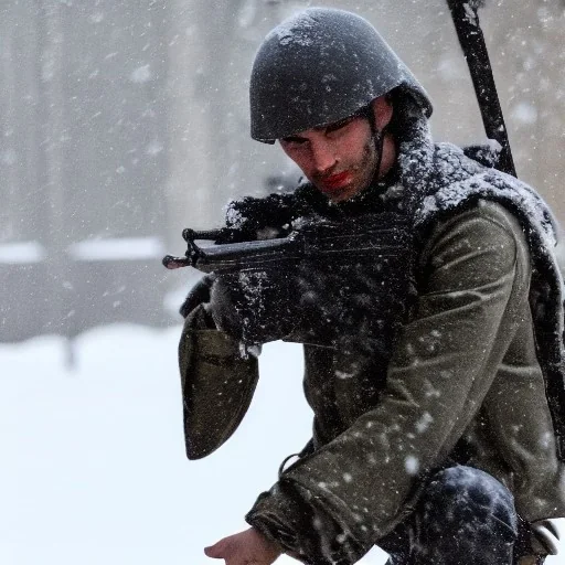 Lone soldier with tawor rifle fighting terrorists in the snow