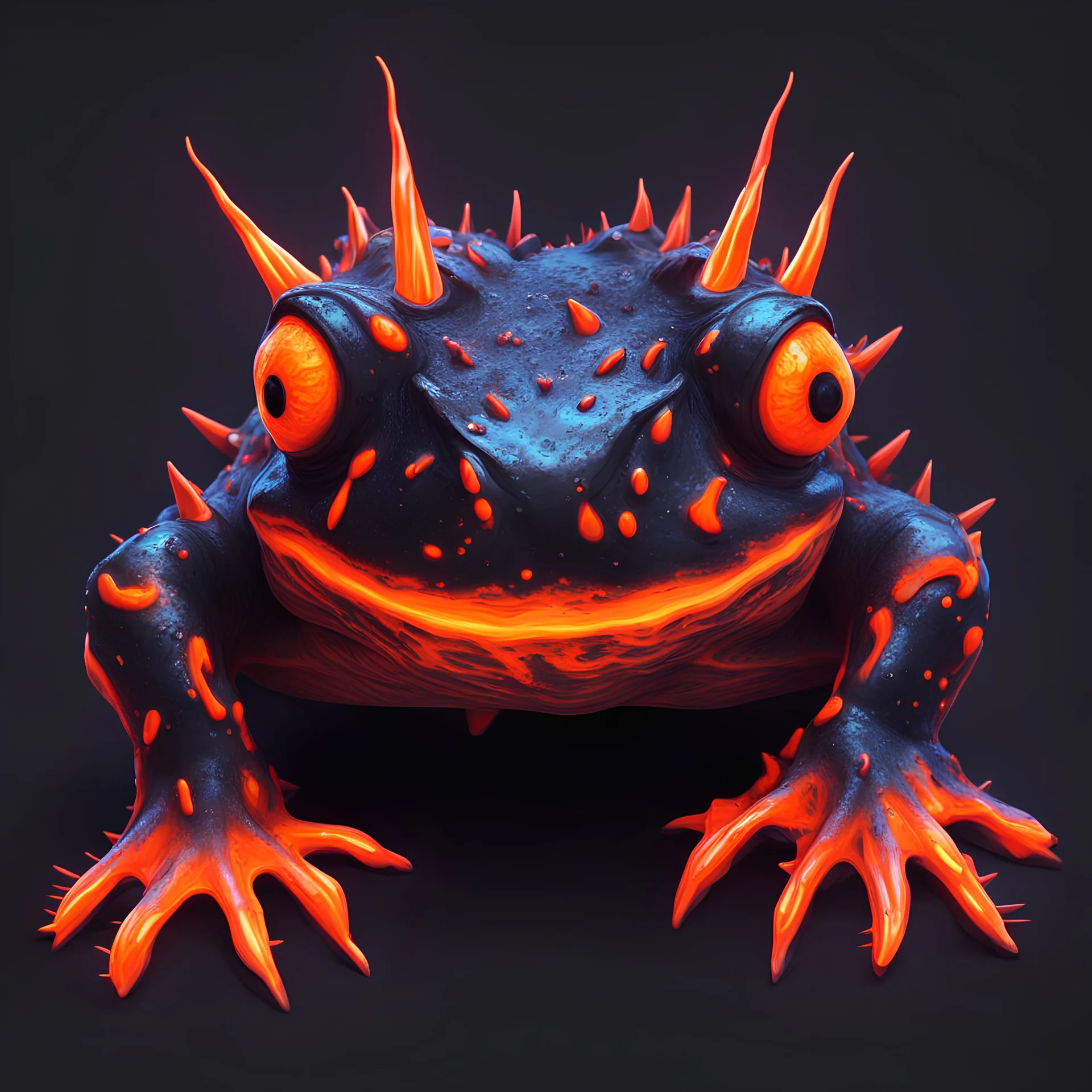 Bull-Horned Magma Frog ebony black oozing with neon orange magma and spikes and fangs, In neon art style