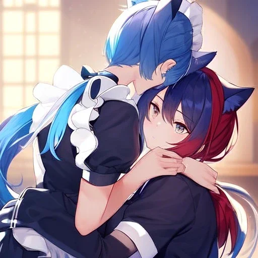 Clear Focus, High resolution, wearing a maid uniform, fluffy hair and a long ponytail, blue hair, cat ears, meowing, hugging another girl with red long fluffy hair also wearing a maid outfit, looking at you