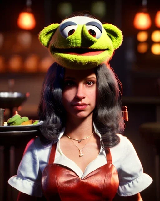 waitress woman with muppet mask that covers her entire head, retro style, smooth, unreal engine 5, god lights, ray tracing, RTX, lumen lighting, ultra detail, volumetric lighting, 3d.