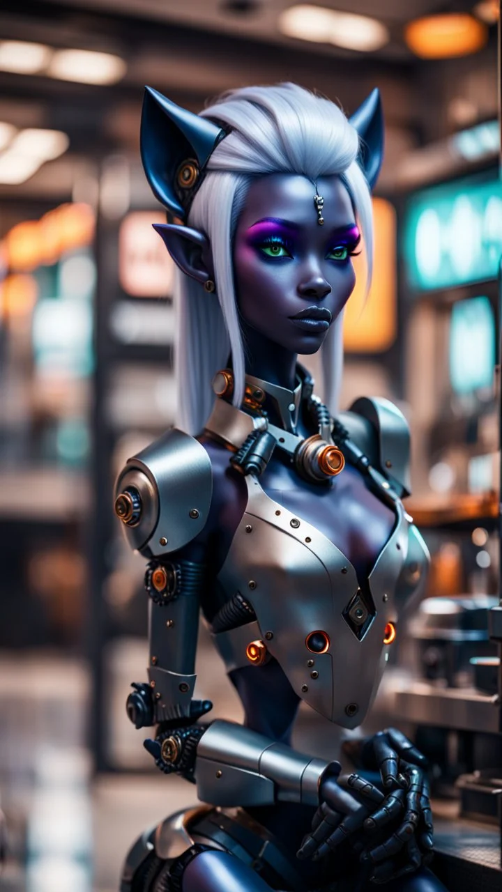 full body portrait of robotic dark elf panther drow princess chilling at the metro barber shop tool shed,bokeh like f/0.8, tilt-shift lens 8k, high detail, smooth render, down-light, unreal engine, prize winning