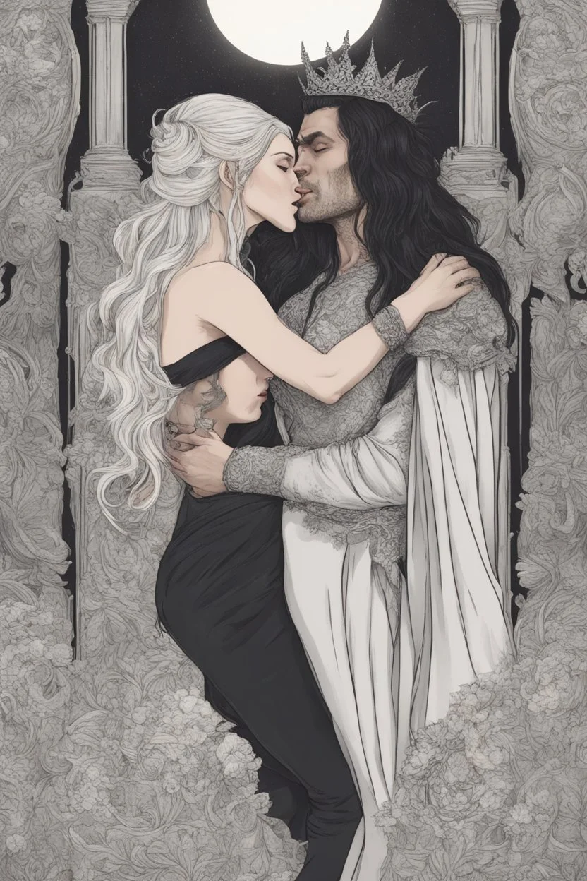 Strahd Von Zarovich, long black hair, being kissed on the mouth by a beautiful woman with white hair, wearing an off the shoulder dress. Settling and background are a lavish toomb with an ebony coffin.