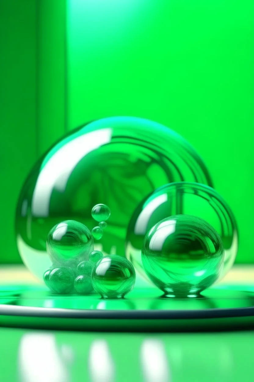 large and small glass balls swirling on the tableland, calming nerves, relaxation, in the background abstract flexible gentle statue, light shades, green tint background