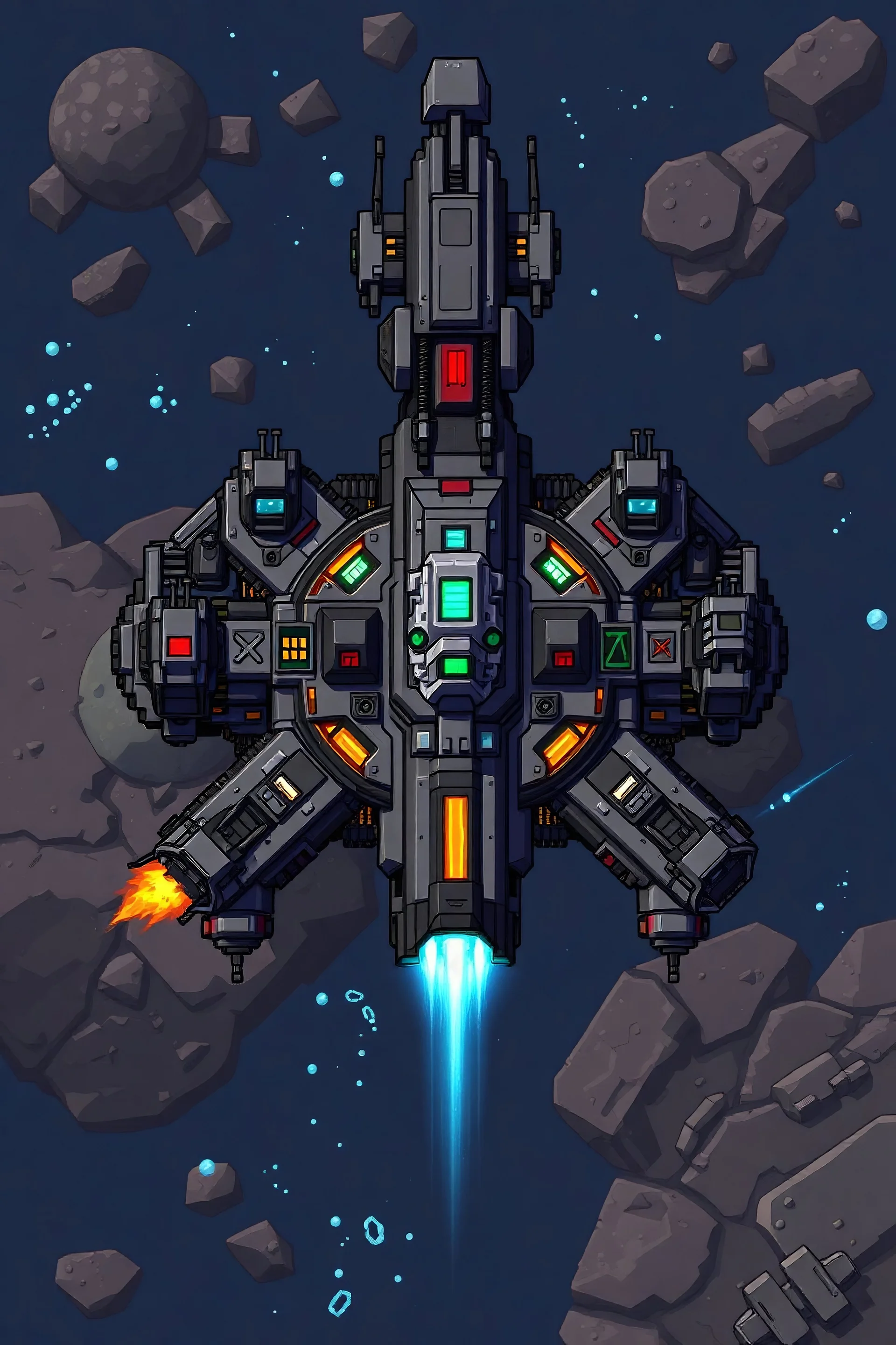 Hi - generate me an 2d top down sprite for a game. It should be a spaceship that has multiple towers, an generator, some shields etc. I want this ship to be split into small 1x1 or 1x2 1x3 sections, each of them should be destructible and connected by an energy path from main reactor.