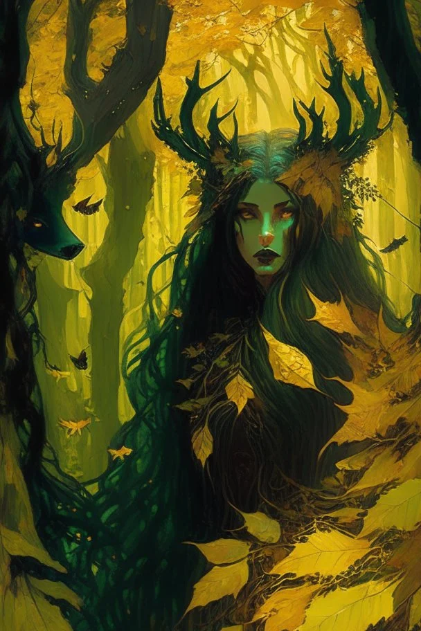 In the heart of a dense and enigmatic forest with towering ancient trees cloaked in emerald, yellow and amber foliage stands an ethereal beauty, her face is perfect, her lustrous hair cascading in ebony waves down to her slender waist in the background the crimson eyes of a large demonic animal are visible