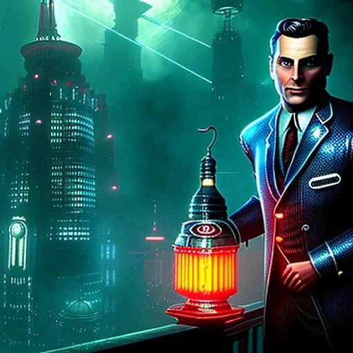 a picture of Andrew Ryan from Bioshock using Gene tonics, darker colors, master quality, backlighting, soft lights, full body portrait, in frame, 8k, dark color pallet, perfectly drawn face, well drawn, BioShock, realistic