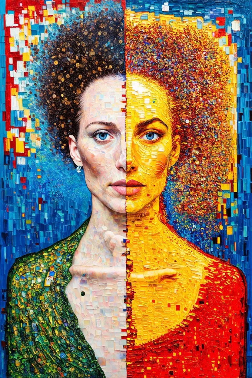 "I exist in all temporal positions simultaneously" is a contrasting artwork with one half in the style of Klimt and the other a colorful blend of Kandinsky