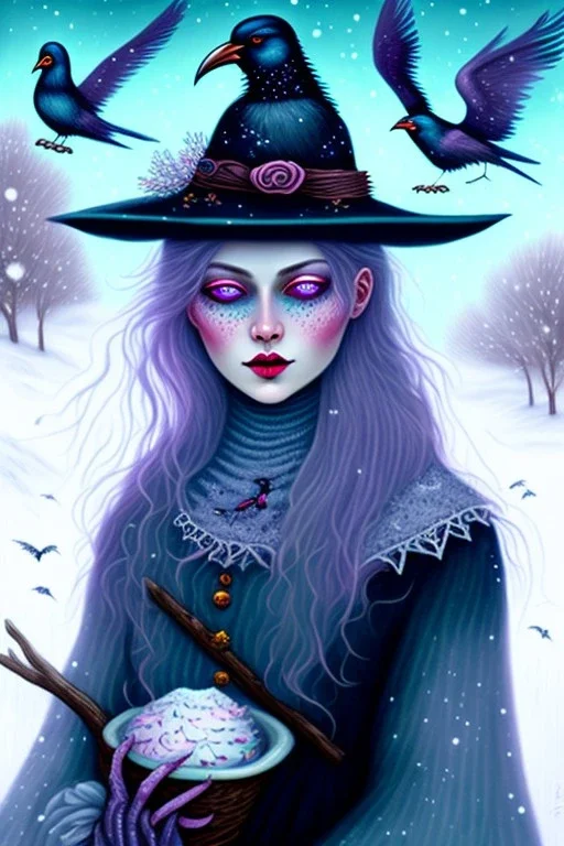 Friendly witch, playing with crows, perfect eyes, pastel colours, snow, style Elisabeth Kreitz