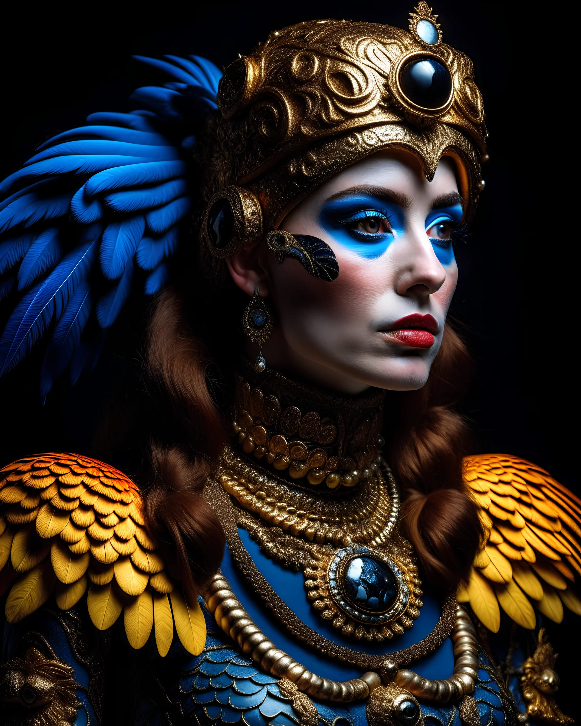 Beautiful macaws animal haddressed woman portrait adorned with metallic filigree decadent voidcore shamanism costume armour and headress decadent gothic maljsian style organic bio spinal ribbed detail of extremely detailed maximálist hyperrealistic portrait art