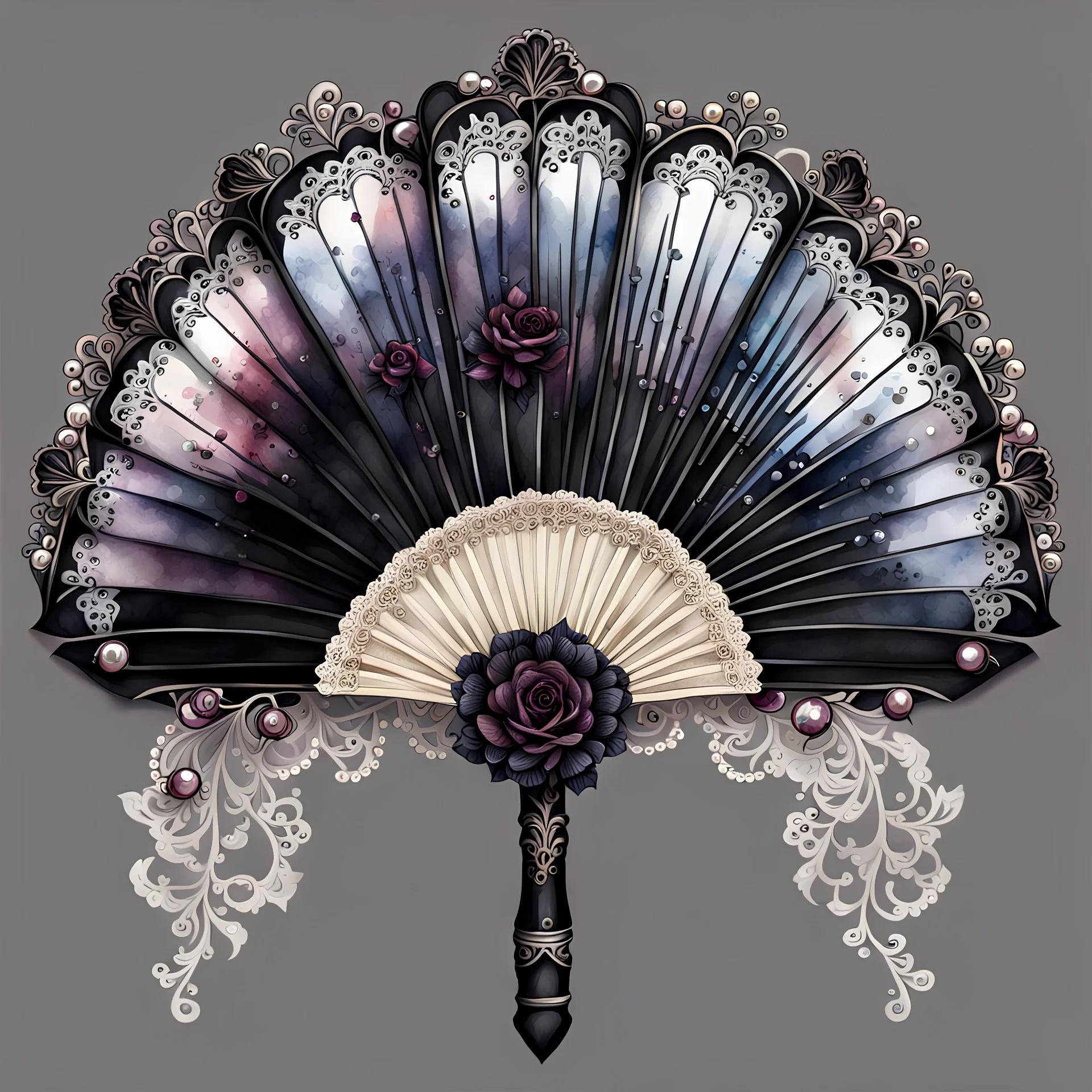 watercolor drawing Gothic hand fan, black lace, pearls, black roses, on a white background, Trending on Artstation ::{creative commons}:: Illustration :: Color Grading:: Filmic, Nikon D750, Brenizer Method, Perspective, Depth of Field, F/2.8, Lens Flare, Tonal Colors, 8K, Full-HD, ProPhoto RGB, Perfectionism, Rim Lighting, Natural Lighting, Soft Lig