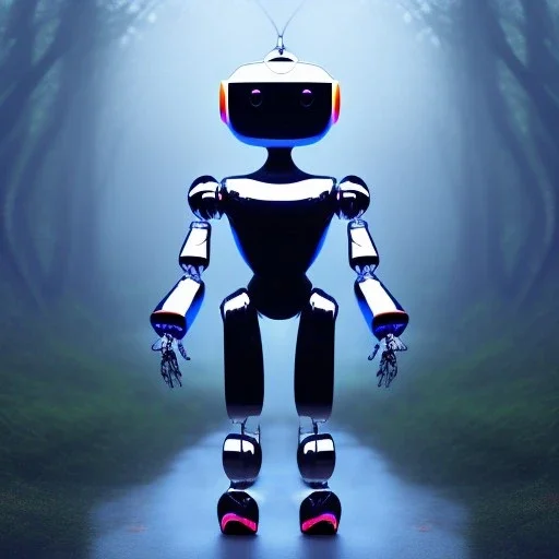 A humanoid robot, looking itself in a mirror, the mirror is in the middle of a mushroom forest