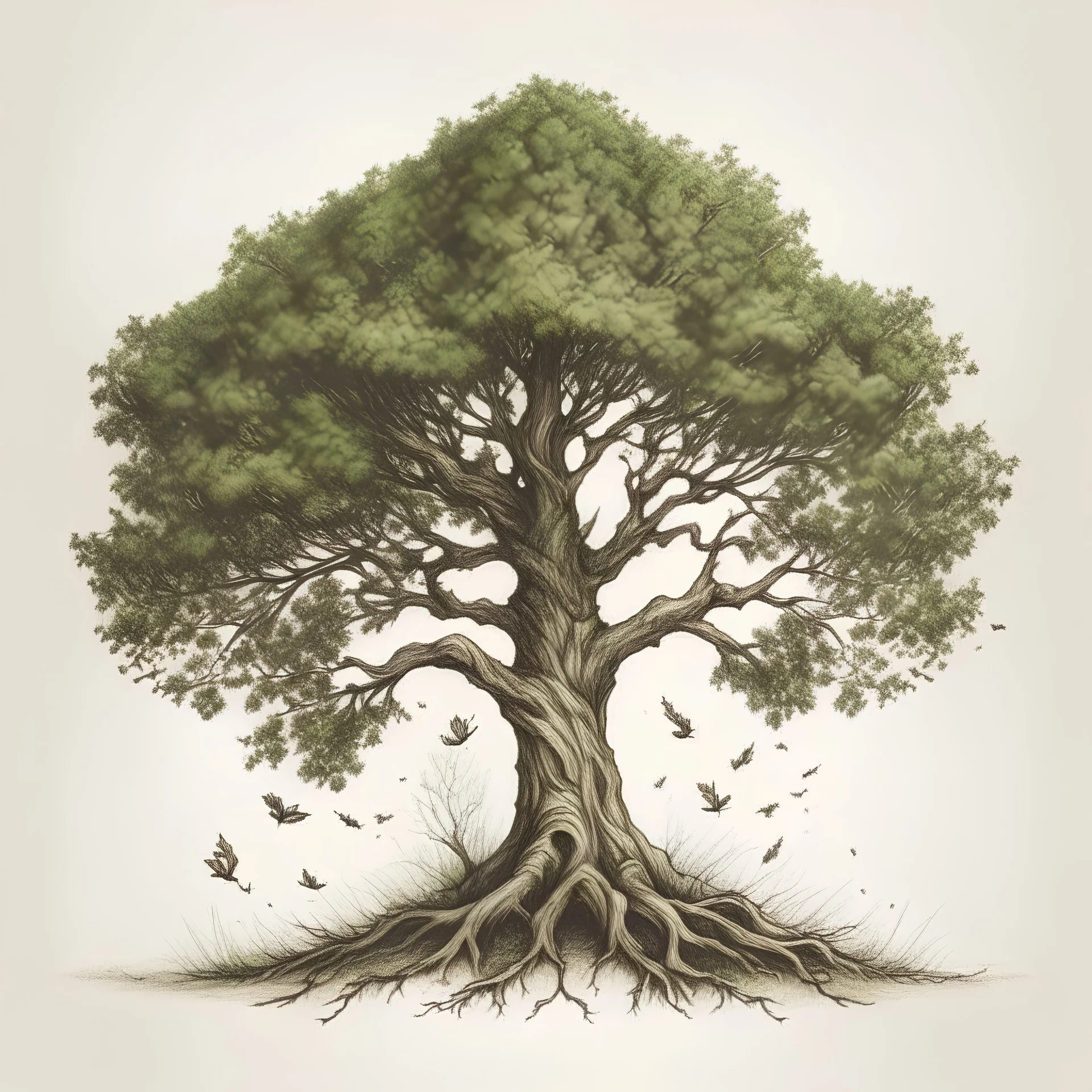 Dibujo de un árbol que decidió irse por el mundo.