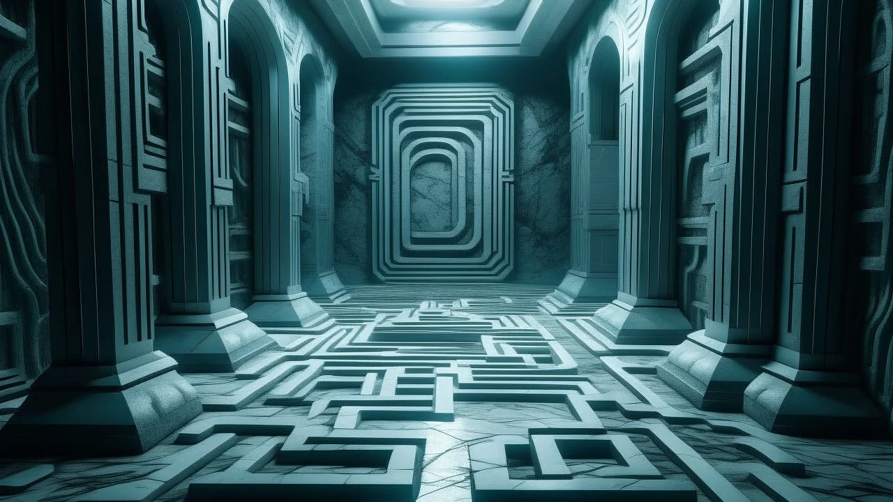 Vast subterranean marble labyrinth lies dormant beneath the slumbering metropolitan area, deep teal and light grey color scheme, volumetric lighting,dimensional 3D illumination