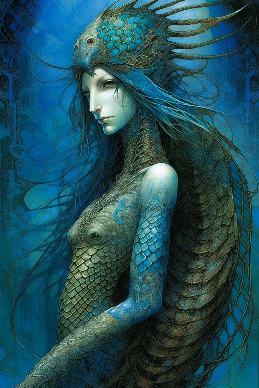 A beautiful girl with a colorful peacock long hair , snake like full body, front view . decayed and rotting with grotesque proportions and imagery. grotesqueries, detailed texture, surreal horror, biomechanical design, by hr giger and beksinski , on blue color
