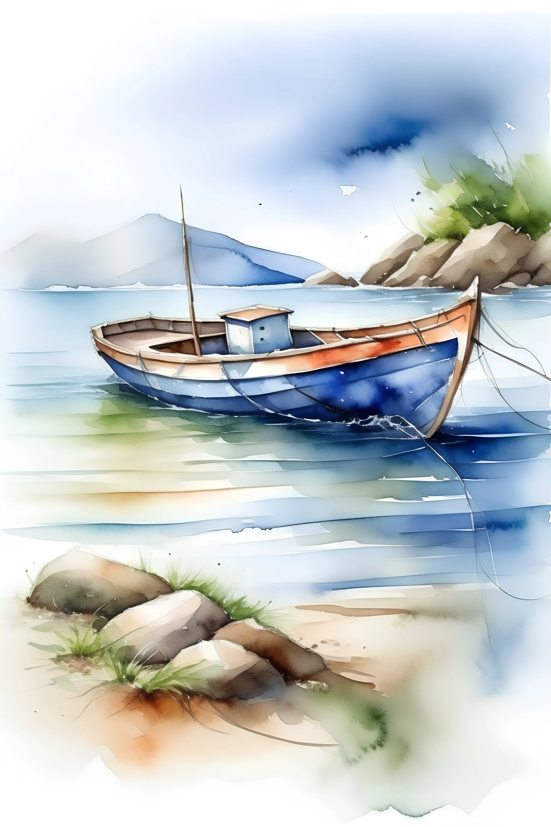 boat in water - sea shore - long view - water color illustration