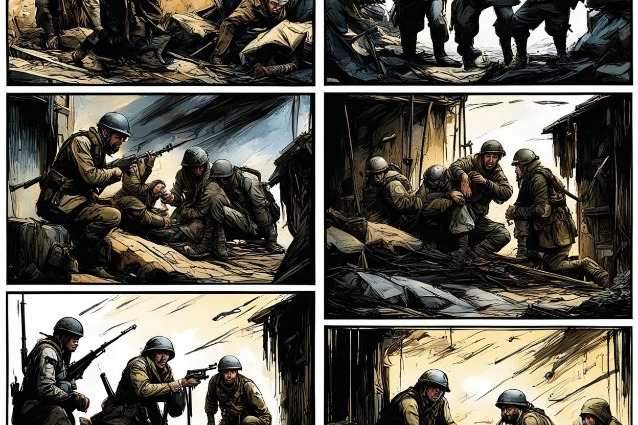 Masterpiece1:5)(Fineart), (award-winning:1.5), highest quality, war journalism editorial ,(by Tim Page, Hoorst Faas:1.5)),(Eastern Ukraine:(panel one:the moment after a battle ends, horrors of war, wounded men),(2nd panel, cinematic shot of men sitting in trench with 1000 yard stare (focus on their eyes:1.5)),(the third panel shows troops tired but hyper alert), (the fourth panel shows the sky is filled with incessant, fire and smoke everywhere,)