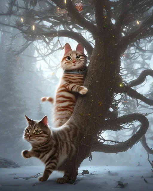 award winning portrait of a cat pushing chrismas tree, fenghua zhong, ryohei hase, and ruan jia. unreal engine 5, artistic lighting, highly detailed, photorealistic, fantasy