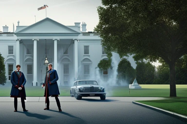 realistic Harry Potter and Dumbledore standing in front of white house