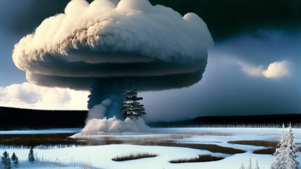 Tunguska event, Siberia scenery,taiga forest,winter, fozen river,heavy clouds, consisting of tall trees and dense vegetation, a mushroom-shaped cloud rises into the sky. The cloud is depicted as a massive column of smoke, dust, and debris, ascending vertically and spreading out at the top, forming a distinctive mushroom-like shape, a barren and desolate scene, with charred remnants of trees scattered across the scorched earth, high resolution photo 24K, high quality, ultraHD, cinematic lighting,