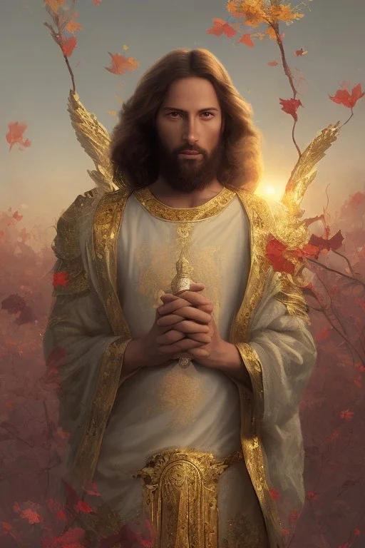 Jesus portrait , detailed hands, at dawn by atey ghailan, golden light , white robe, holding leaves and flowers , angels background, volumetric light, high detail, red leaf tree, mountains in background, perfect