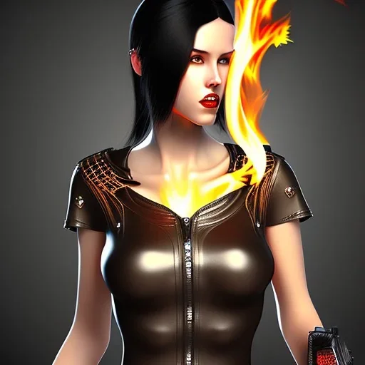 black hair lady hunter short top with fire