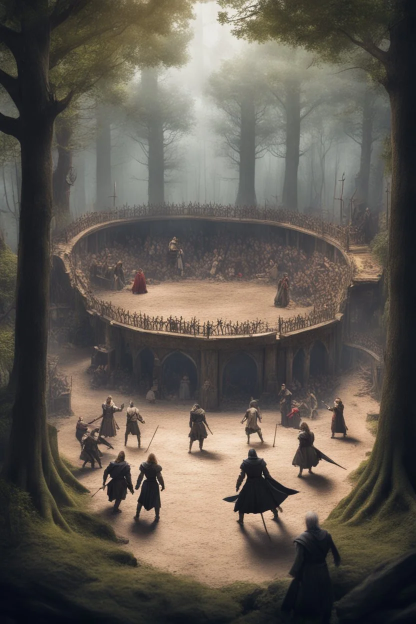 fantasy medieval tournment arena into the woods with people fighting