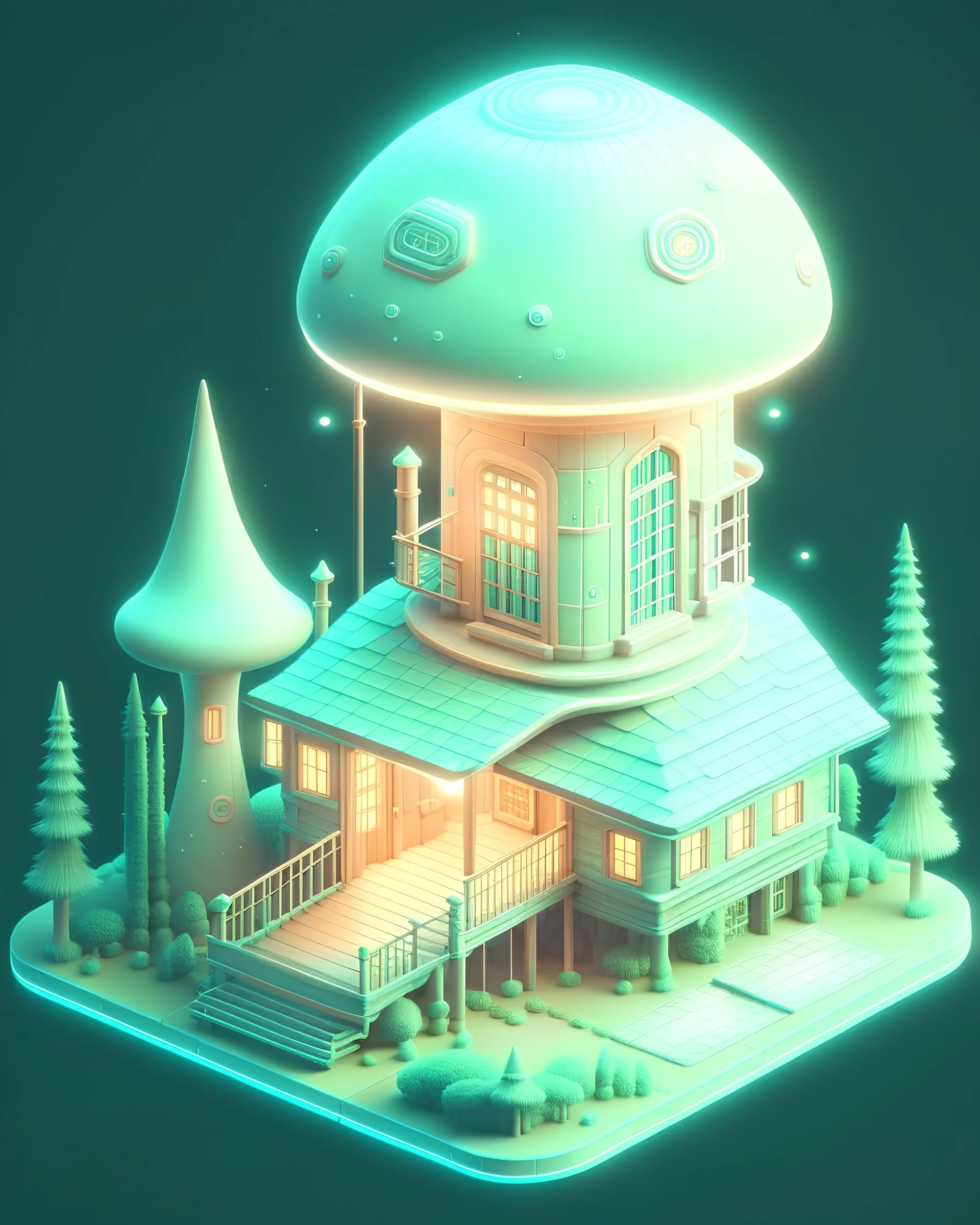 beautiful coloring pages:"Retro Spaceship shape, Mint Green wet detailed cap Mushroom with white dots, glowing lanterns, cabin home Source Engine in a forest, Art station trending, Perspective, Landscape, Isometric building, lord of the rings style, Sunny, Summer vibes, 8k resolution, Neon-lighting, Hyperrealistic detail, intricate detail, golden ratio, Soft render, dreamlike, Cinematic scene, hyperdetailed digital painting, proportion 43, Sharp rim light, Dynamic lighting, Cinematic color gradi