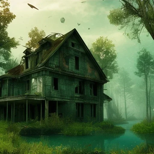 Abandoned house, overgrown, partially submerged,Interior, water