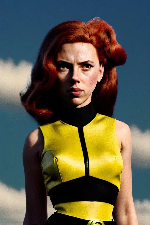 retro portrait image from 1960, sky background, wind, long red hair, fighting stance, sweet young Scarlett Johansson, black dress, classic long tight lycra black suit, gold bracelet and belt, high heel boots, superhero style, soft color, highly detailed, unreal engine 5, ray tracing, RTX, lumen lighting, ultra detail, volumetric lighting, 3d, finely drawn, high definition, high resolution.