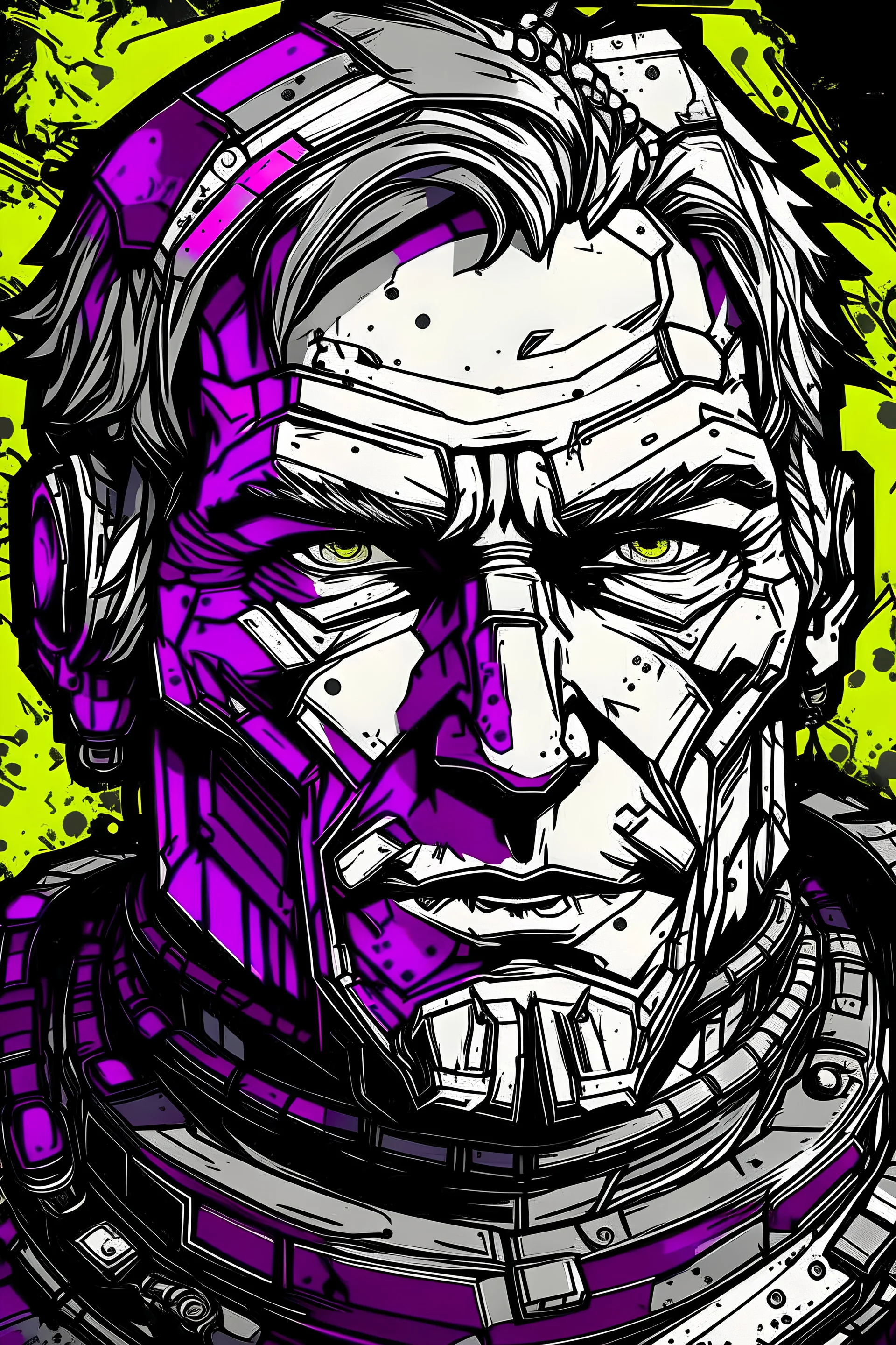 an high definition portrait of the psycho from the videogame borderlands. an initial black and white picture with colored enanced detaile in a popart style