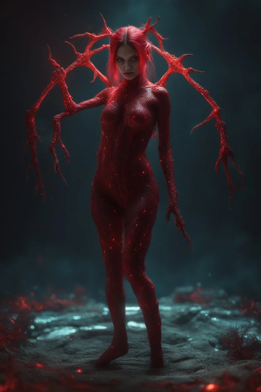 Demon girl, creepy, horrifying, sinister, sparks out her mind, fullbody, rare pose, terrario with universe in, high lighting, intricate, 8k, macro photography, sparks around,enchanted girl with cyberkatana,darkred slime Goth girl, realistic photograph , 3d render, octane render, intricately detailed, cinematic,