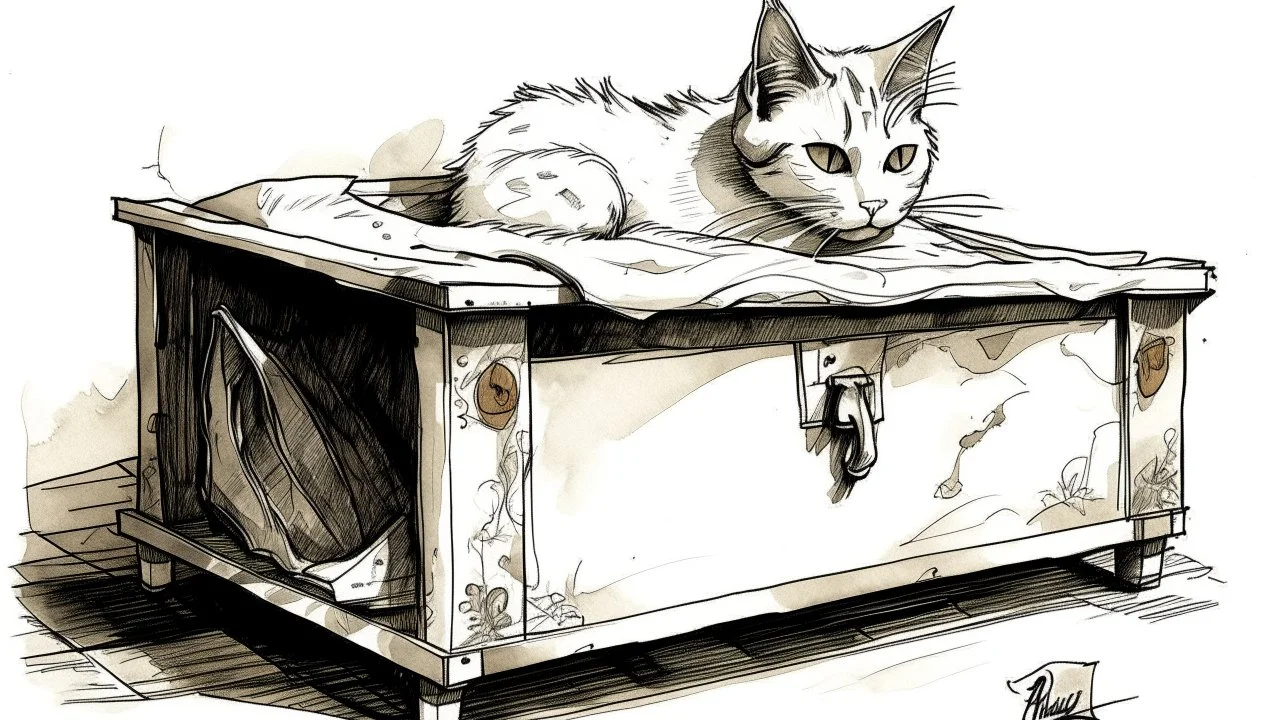 Un gato blanco se esconde bajo una cama médica oxidada; tinta y grafito con sombras intensas